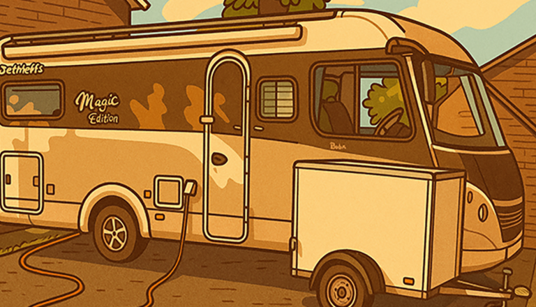 AI generated cartoon of our motorhome and trailer