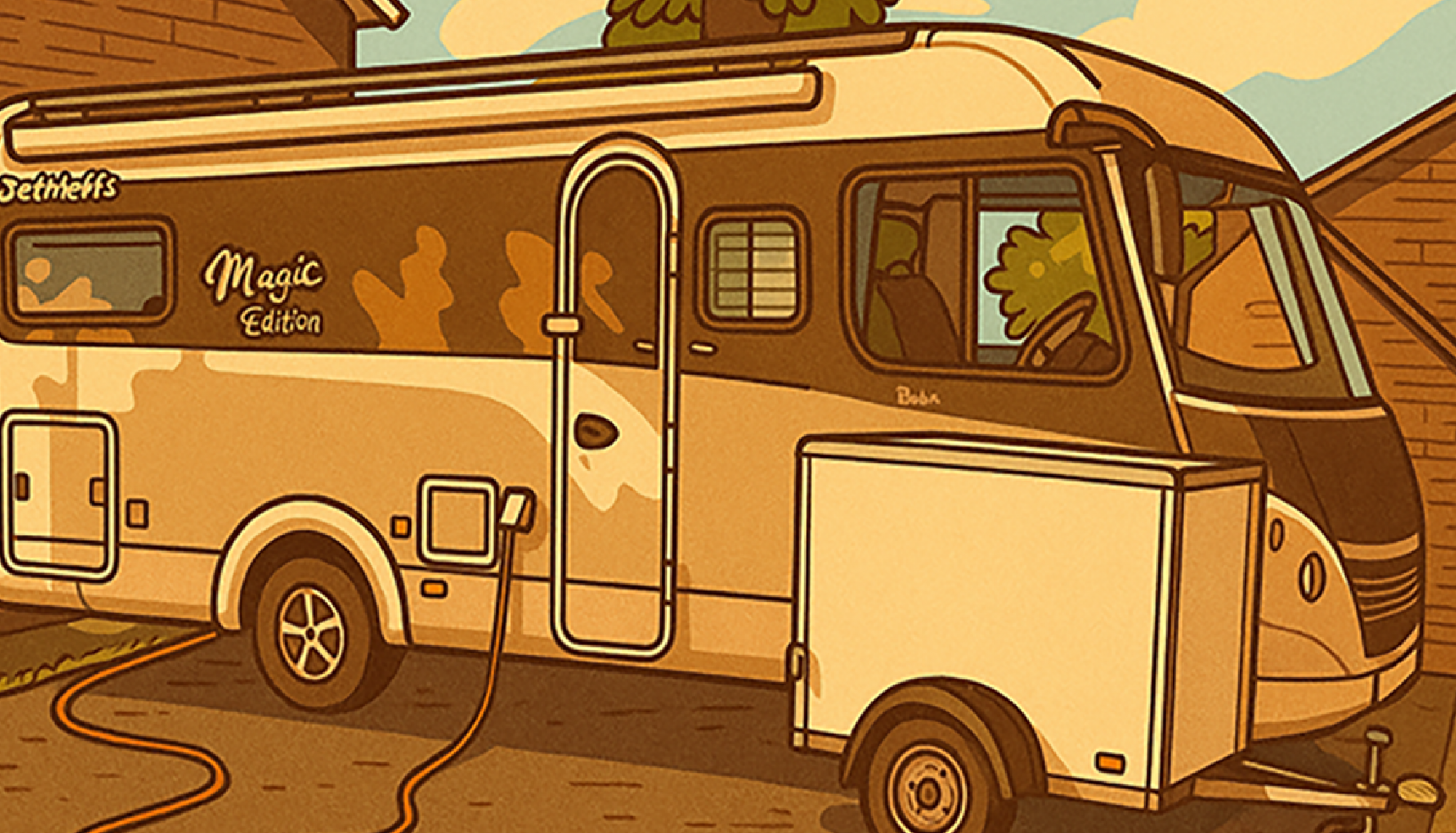 AI generated cartoon of our motorhome and trailer