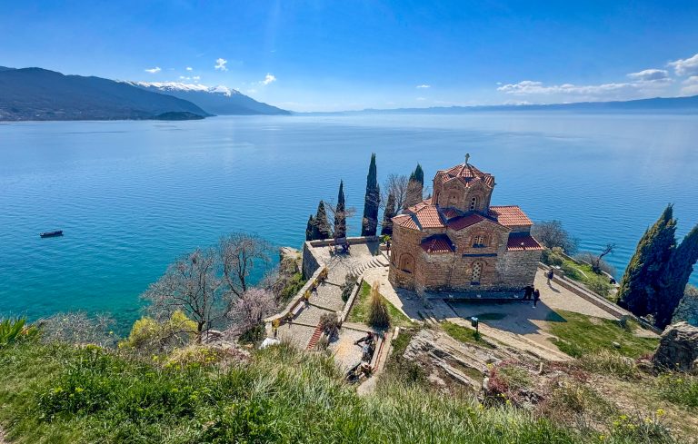 A view of Lake Ohrid with St John's at Kaneo in the background.