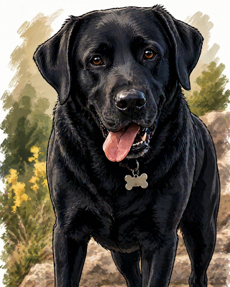 Illustration of Scylla, a black Labrador